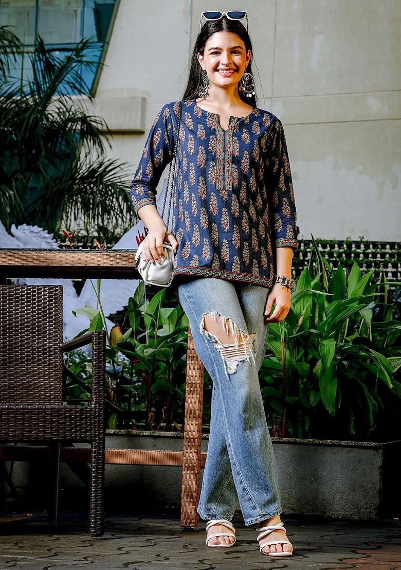 Blue Printed Cotton Tops