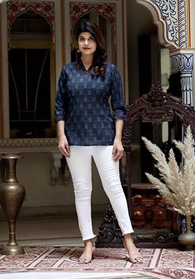 Blue Printed Cotton Short Kurta