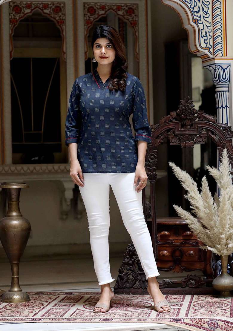 Blue Printed Cotton Kurta - Indya