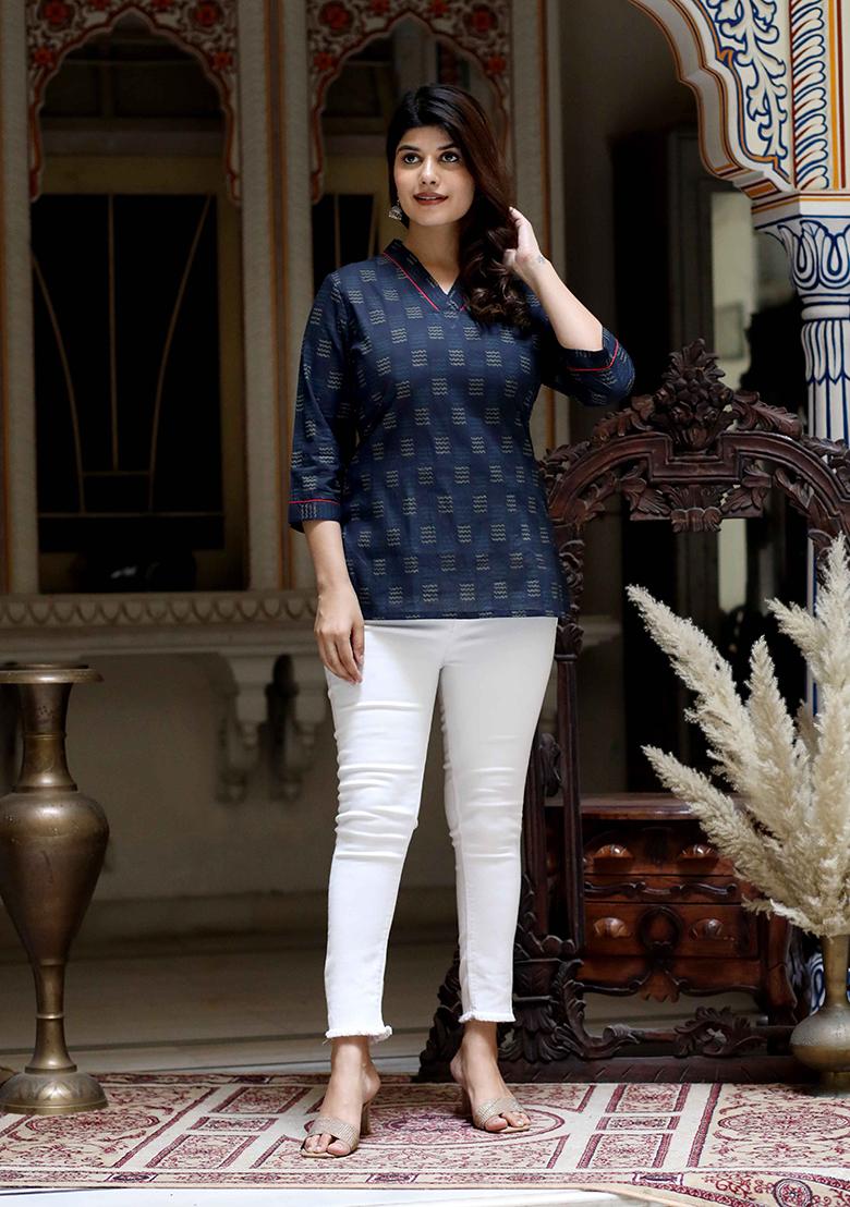 Blue Printed Cotton Short Kurta