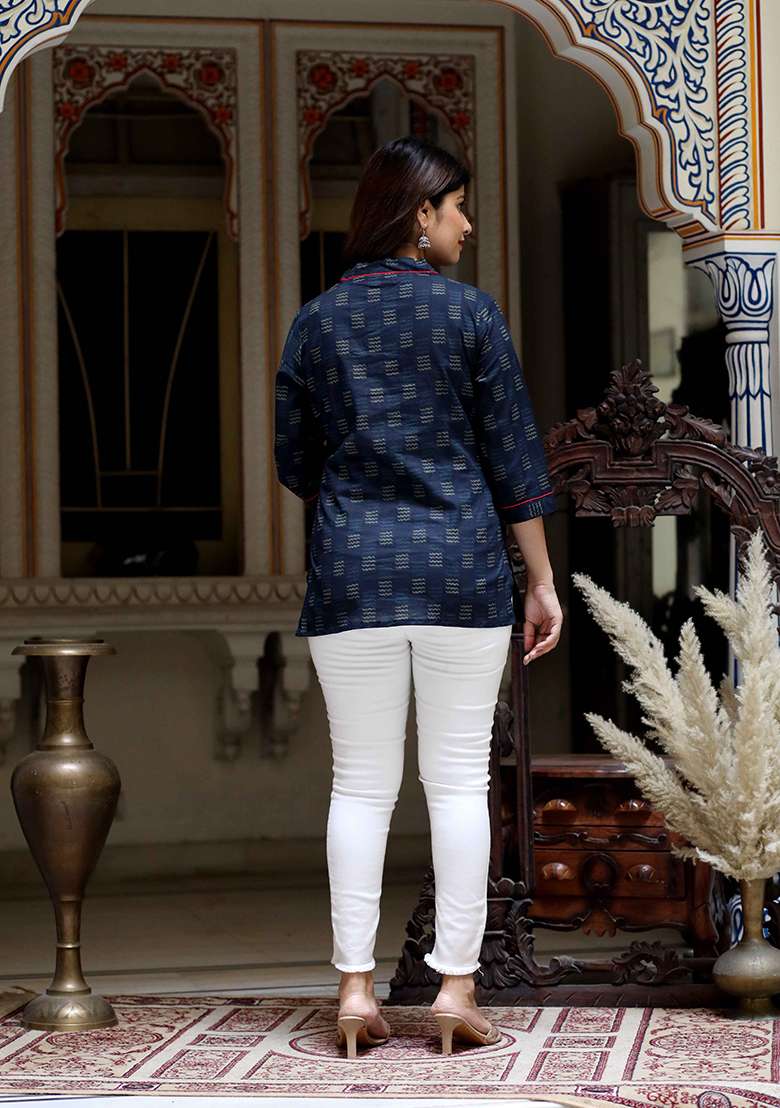 Blue Printed Cotton Kurta - Indya