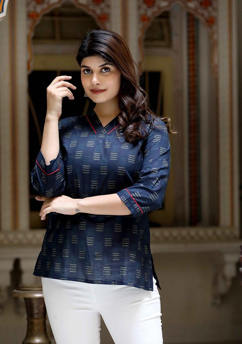 Blue Printed Cotton Short Kurta