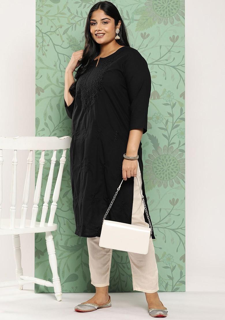 Black Embroidered Poly Blend Kurta