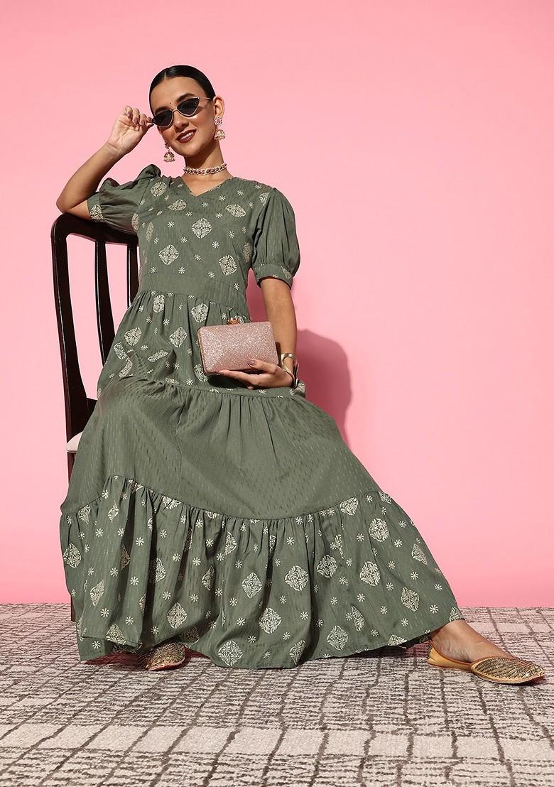 Olive Printed Poly Blend Anarkali Kurta