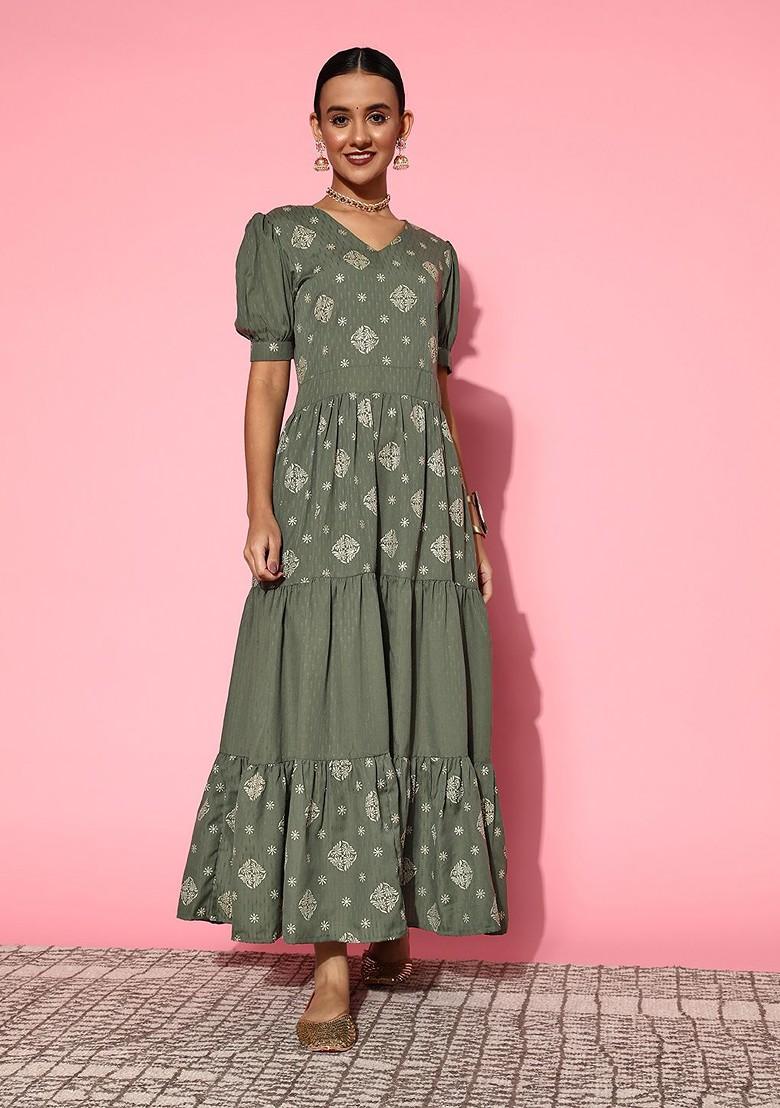 Olive Printed Poly Blend Anarkali Kurta