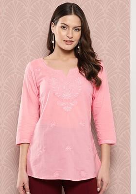 Peach Embroidered Cotton Tops