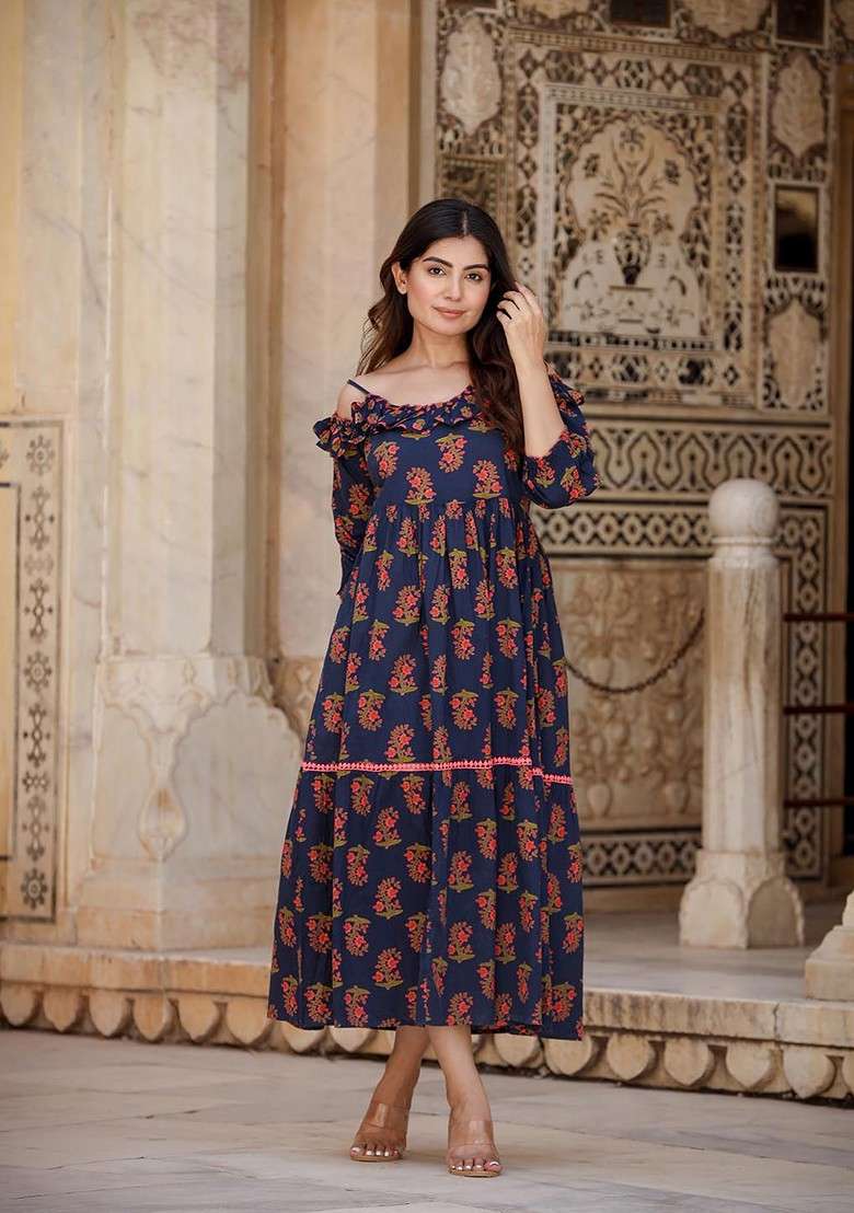 Navy Blue Printed Blended Gown - Indya