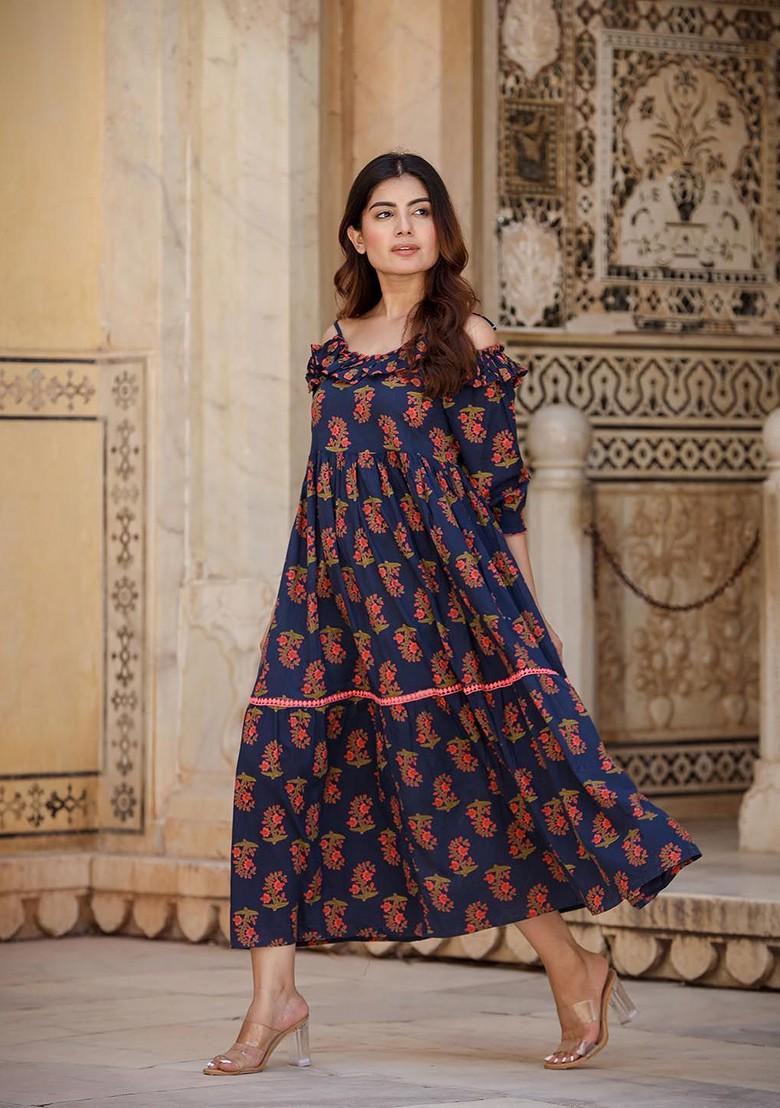 Navy Blue Floral Print Poly Blend Gown