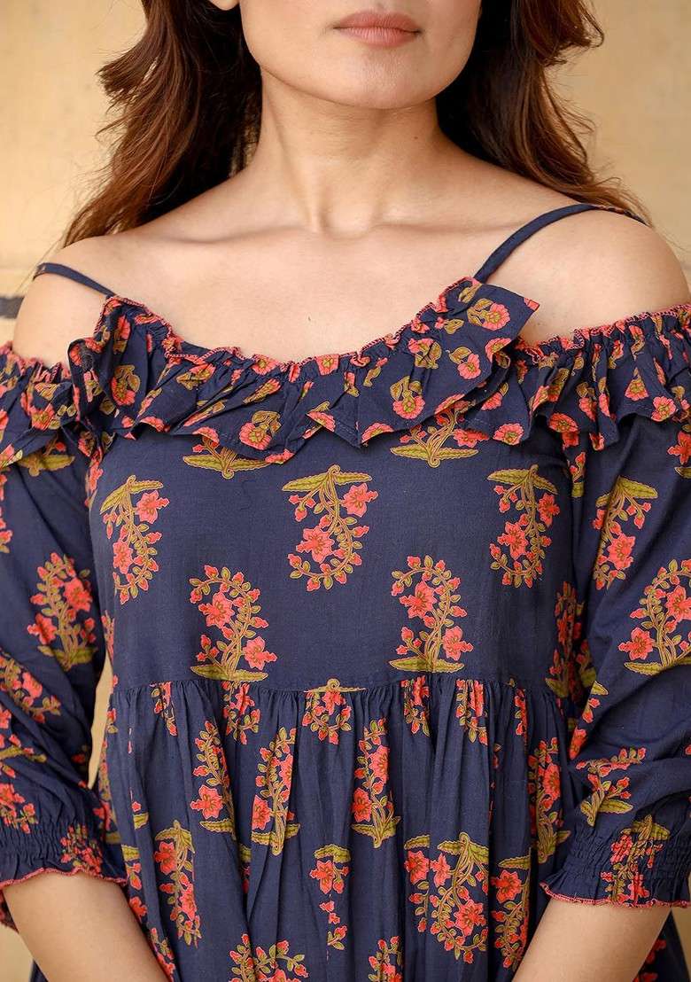 Navy Blue Printed Blended Gown - Indya