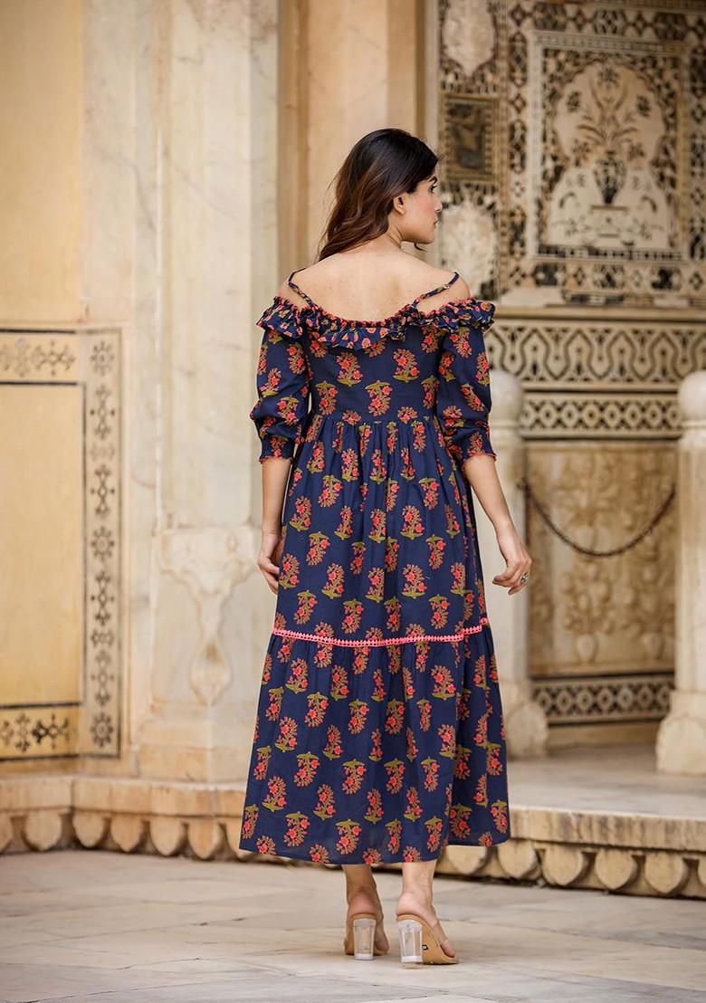 Navy Blue Floral Print Poly Blend Gown