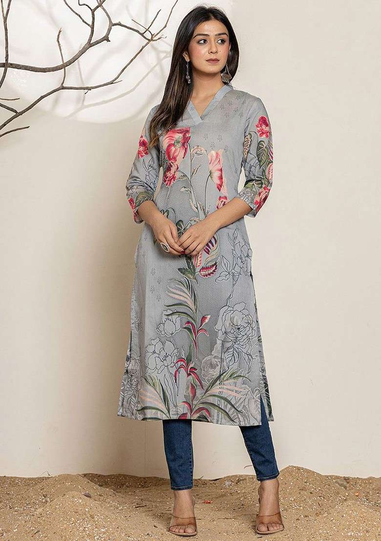 Grey Floral Print Poly Kurta - Indya