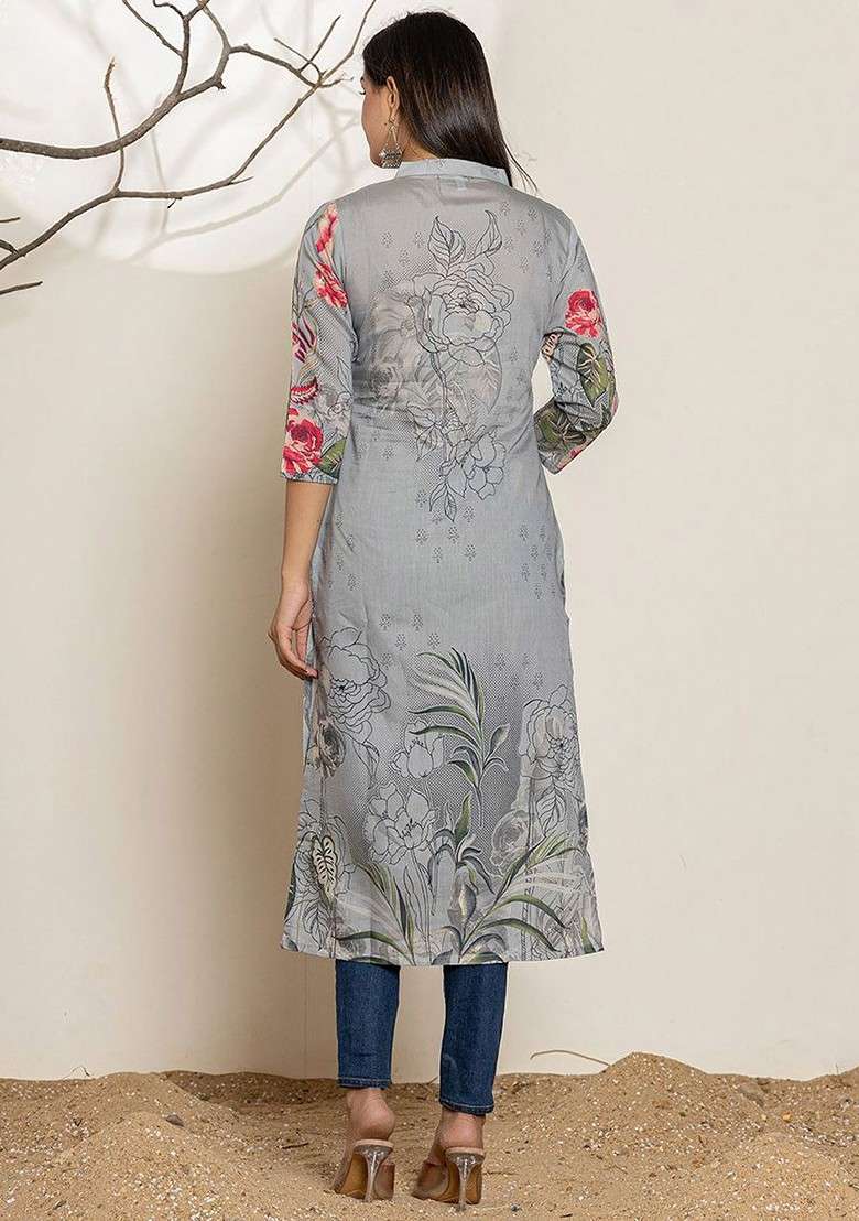 Grey Floral Print Poly Kurta - Indya