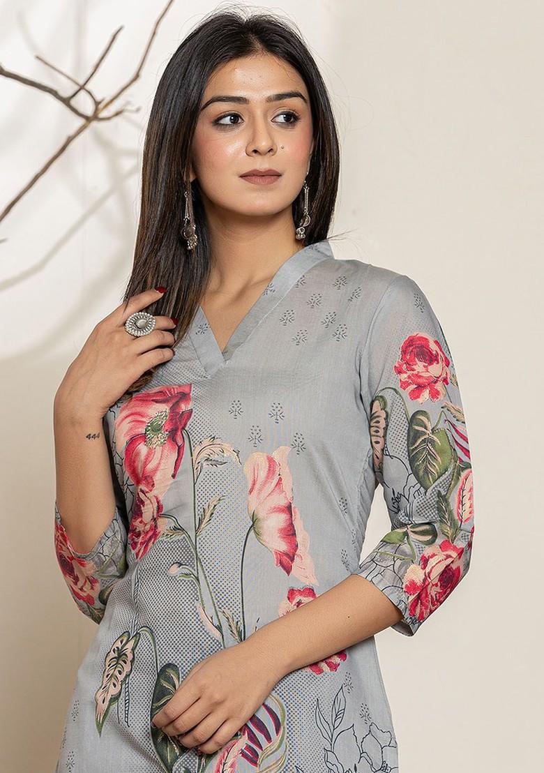 Grey Floral Print Poly Blend Kurta