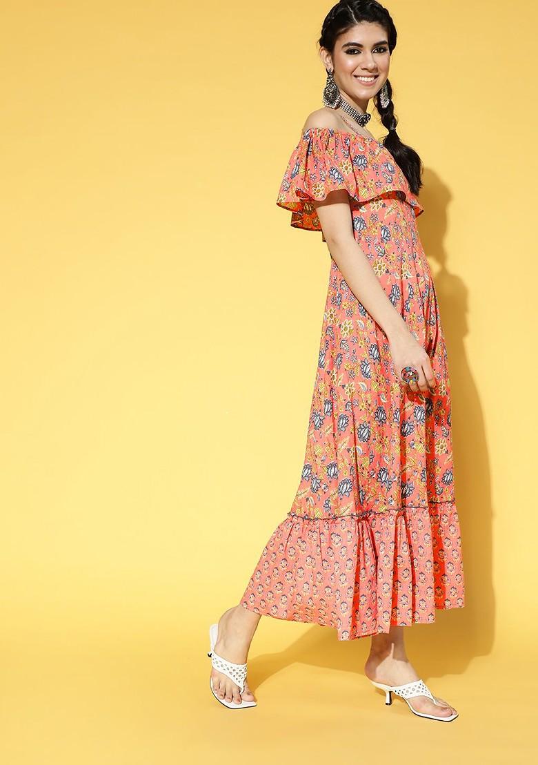 Peach Floral Print Poly Blend Gown