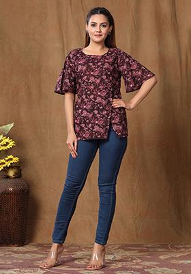 Maroon Printed Cotton Tops