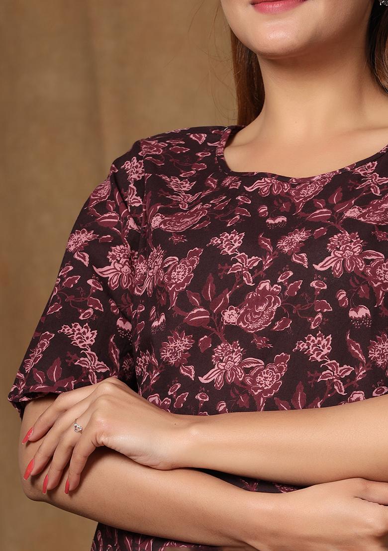 Maroon Printed Cotton Tops