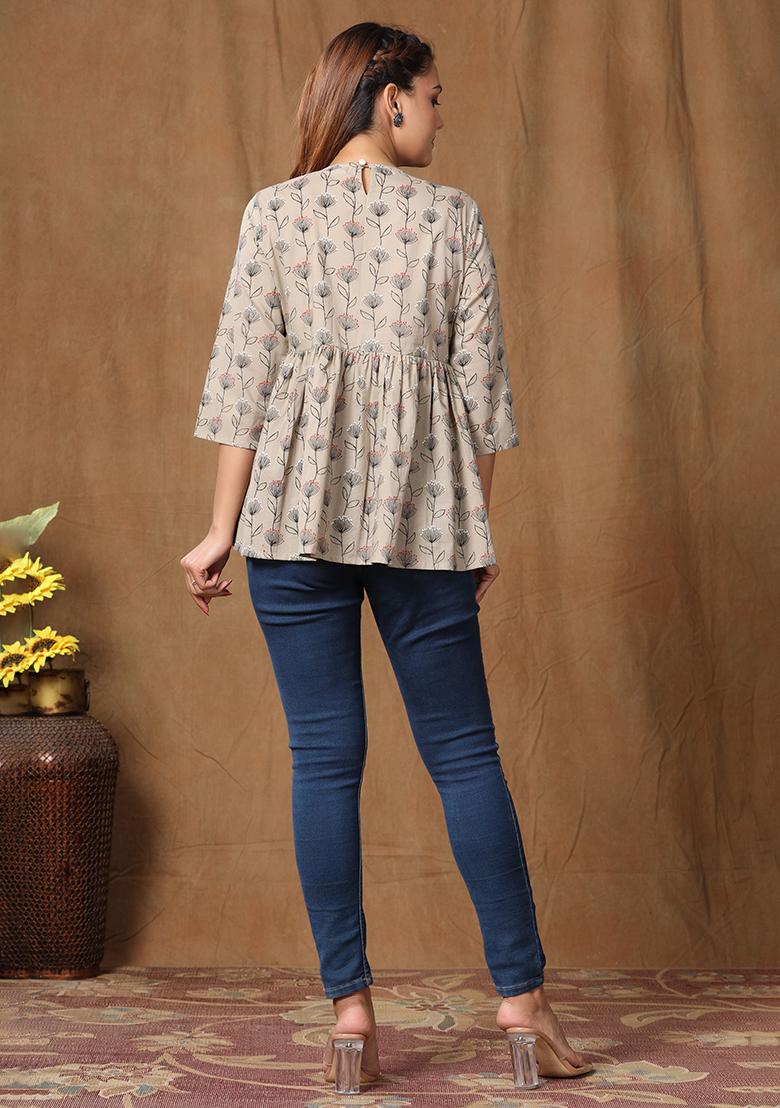 Beige Printed Cotton Tops
