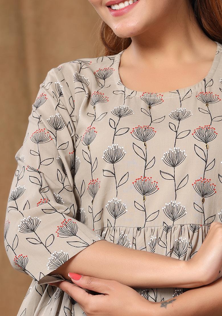 Beige Printed Cotton Tops