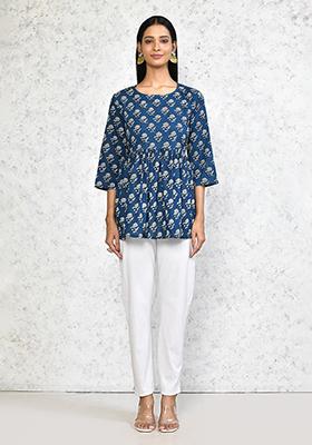 Blue Printed Cotton Tops