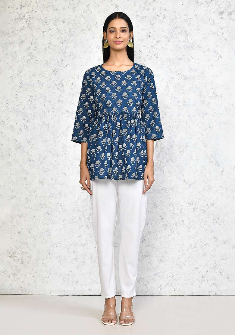 Blue Printed Cotton Tops - Indya