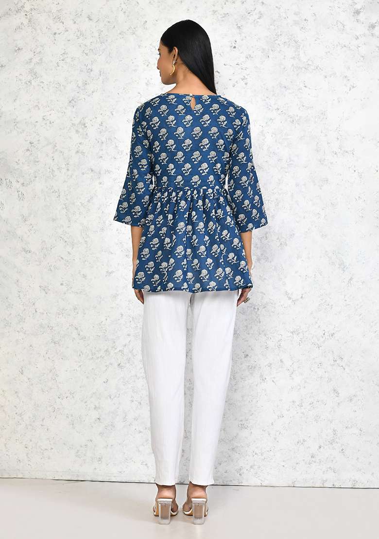 Blue Printed Cotton Tops - Indya