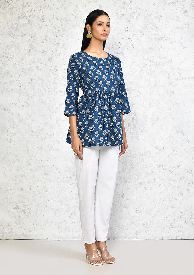 Blue Printed Cotton Tops