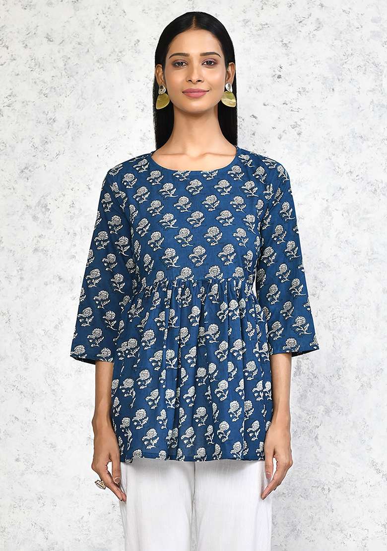 Blue Printed Cotton Tops - Indya