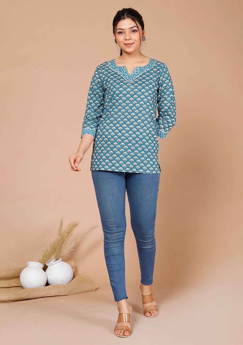 Blue Printed Cotton Tops - Indya