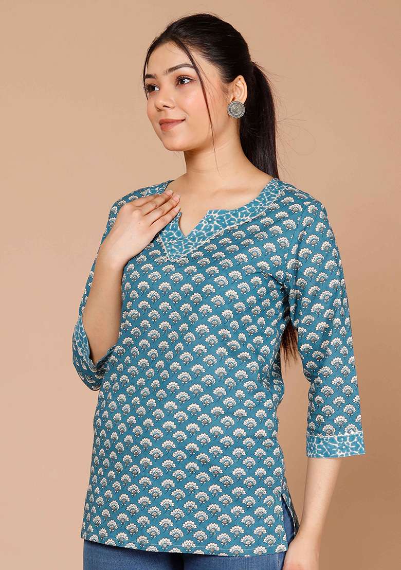 Blue Printed Cotton Tops - Indya