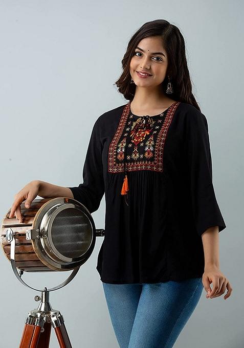 Black Embroidered Viscose Rayon Top