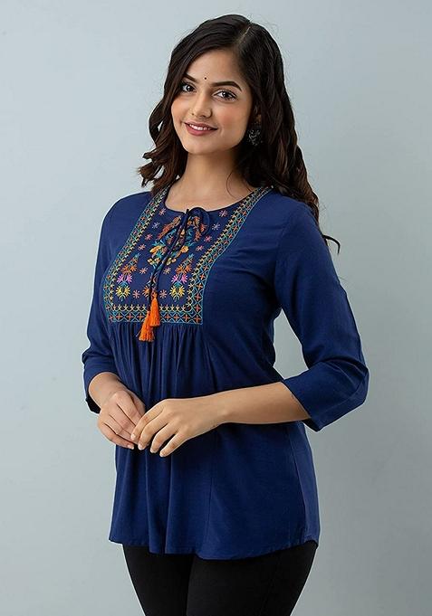 Teal Blue Embroidered Viscose Rayon Top
