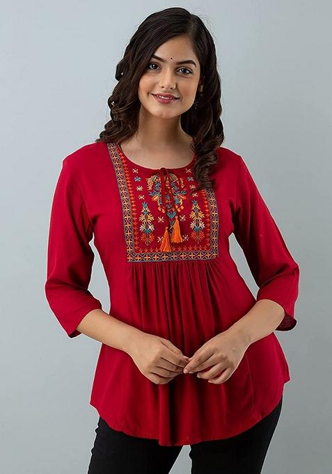 Maroon Embroidered Viscose Rayon Top