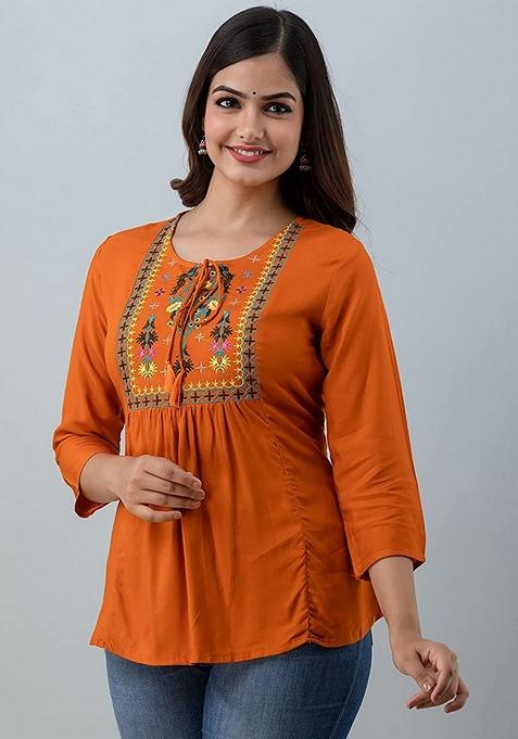 Orange Embroidered Viscose Rayon Top