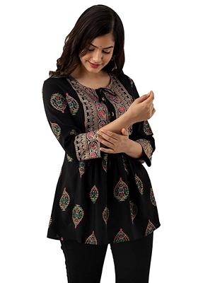 Black Embroidered Viscose Rayon Top