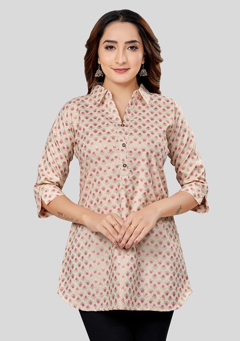 Cream Printed Rayon Kurti