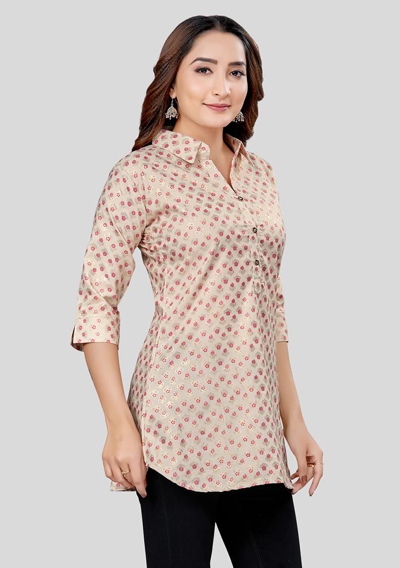 Cream Printed Rayon Kurti