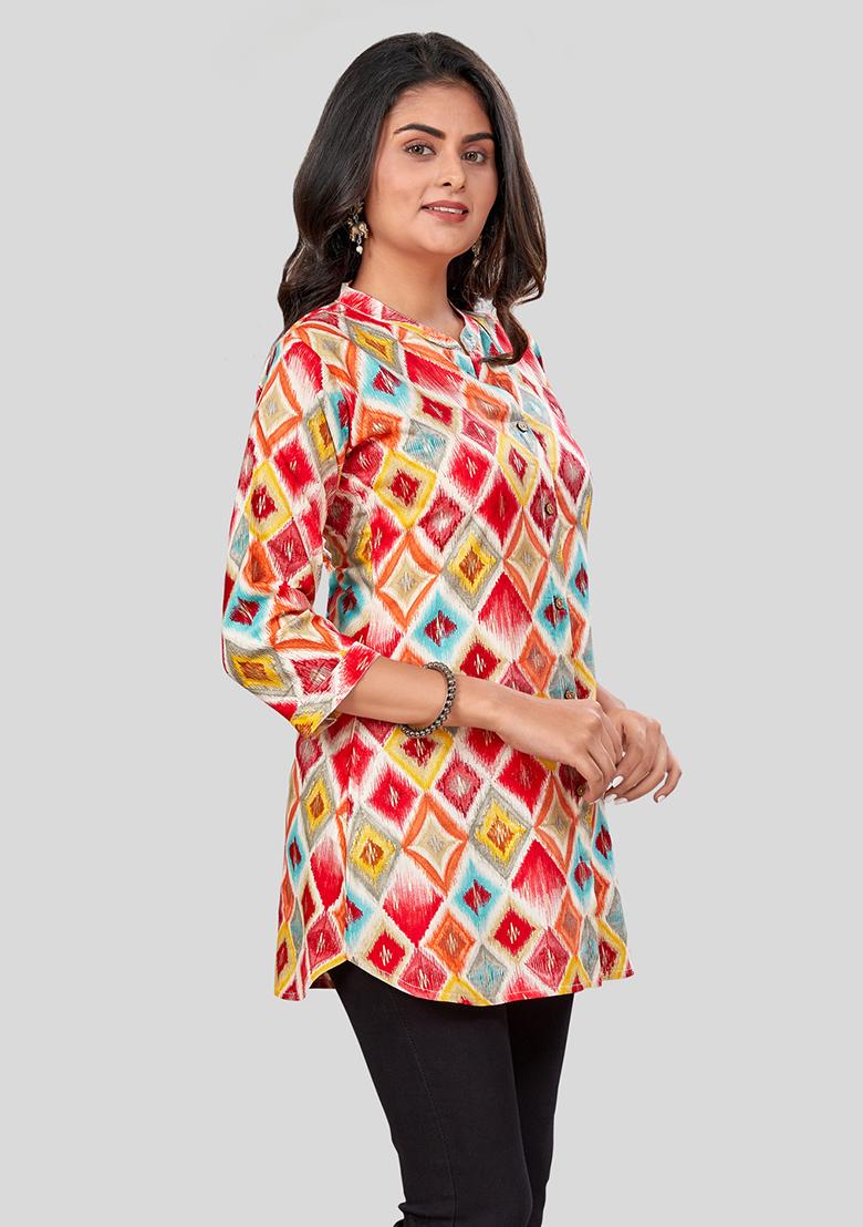 Red Printed Rayon Kurti