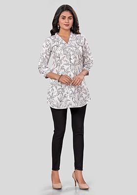 White Printed Crepe Kurti