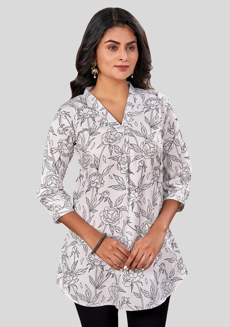 White Printed Crepe Kurti