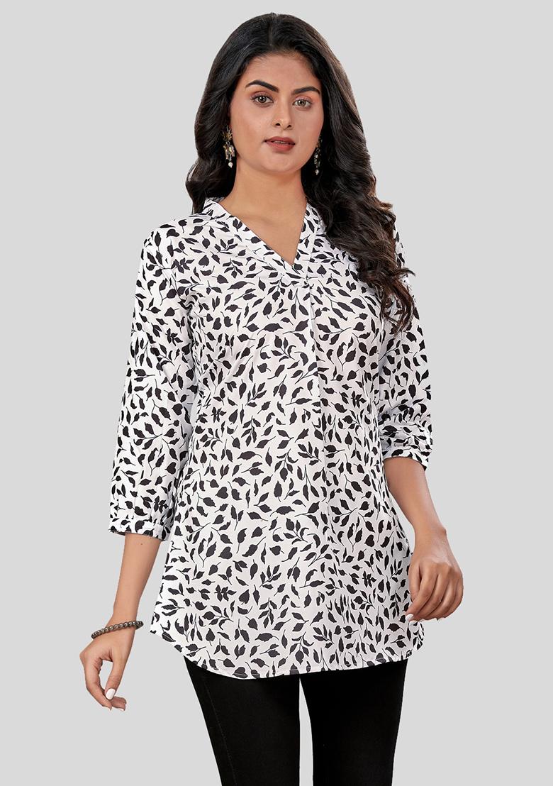 White Printed Crepe Kurti