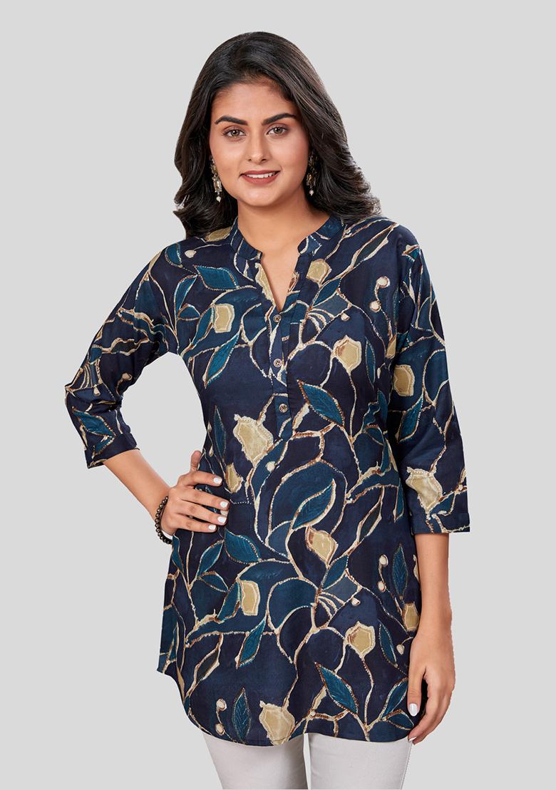 Navy Blue Printed Rayon Kurti