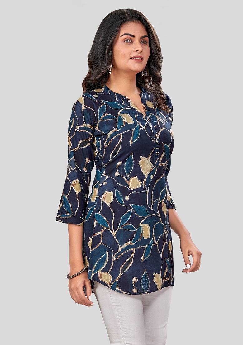 Navy Blue Printed Rayon Kurti