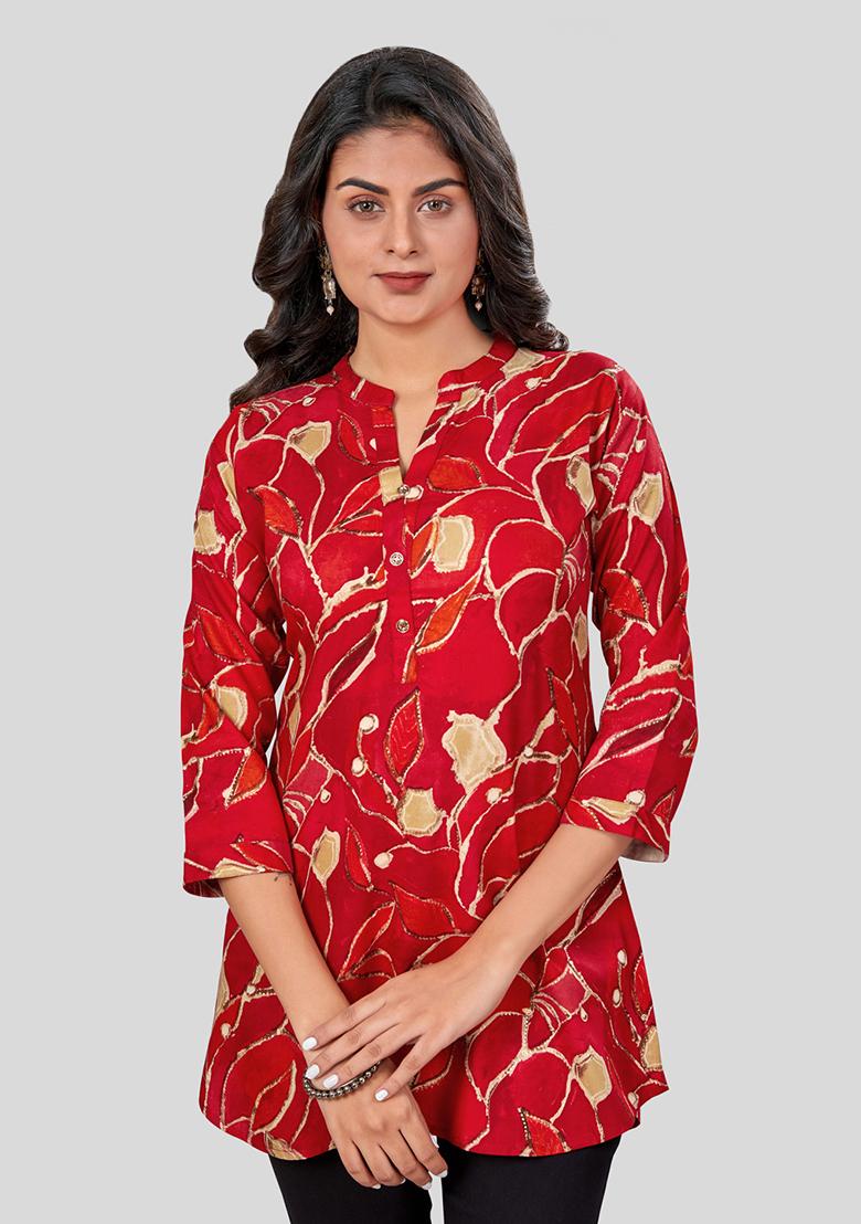 Red Printed Rayon Kurti