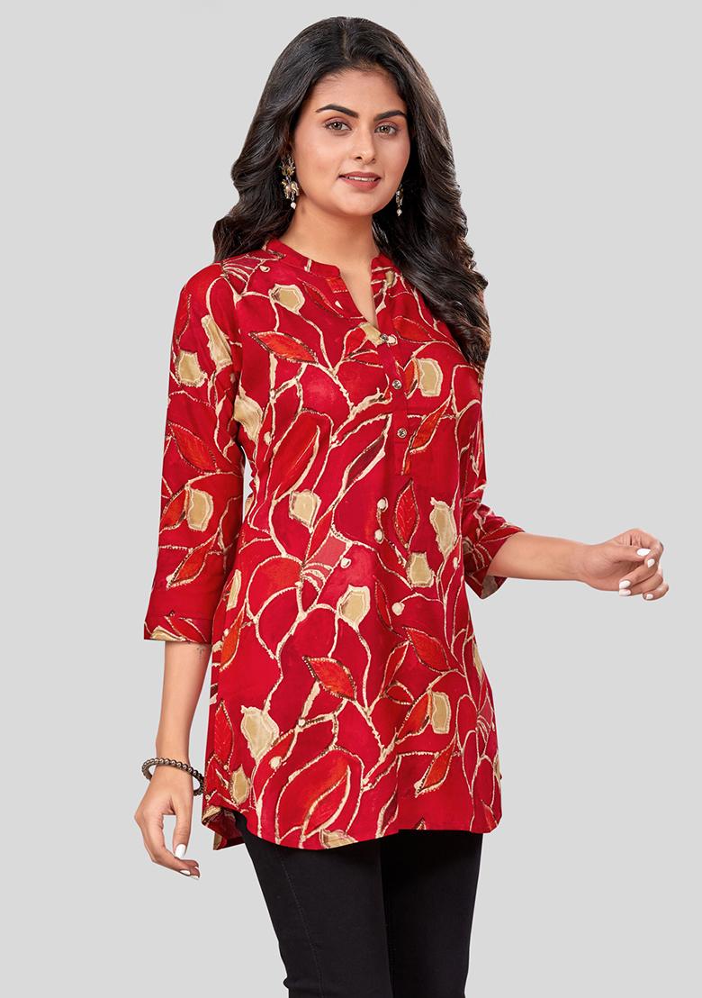 Red Printed Rayon Kurti