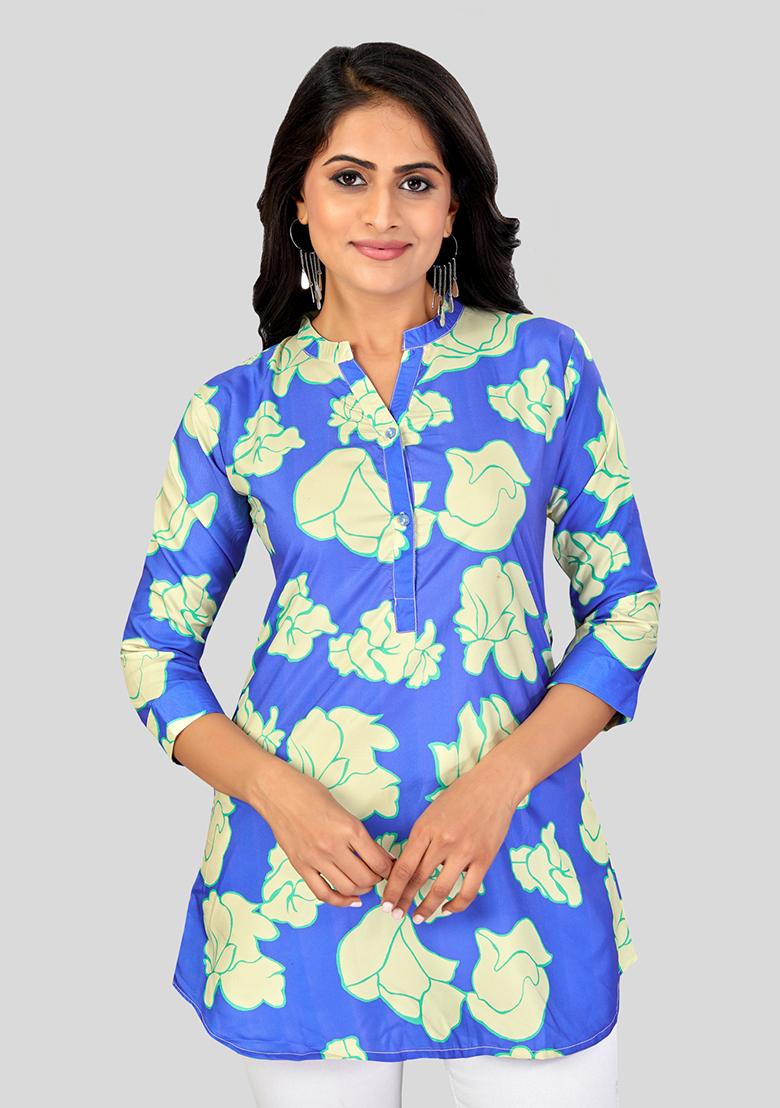 Blue Printed Crepe Kurti