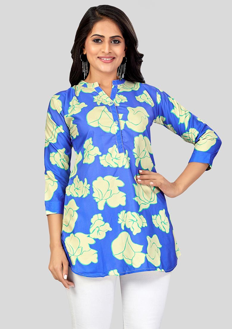 Blue Printed Crepe Kurti