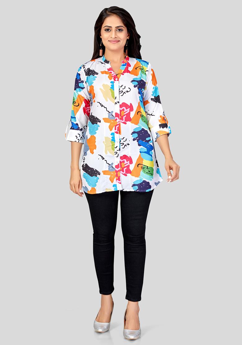 White Printed Crepe Kurti