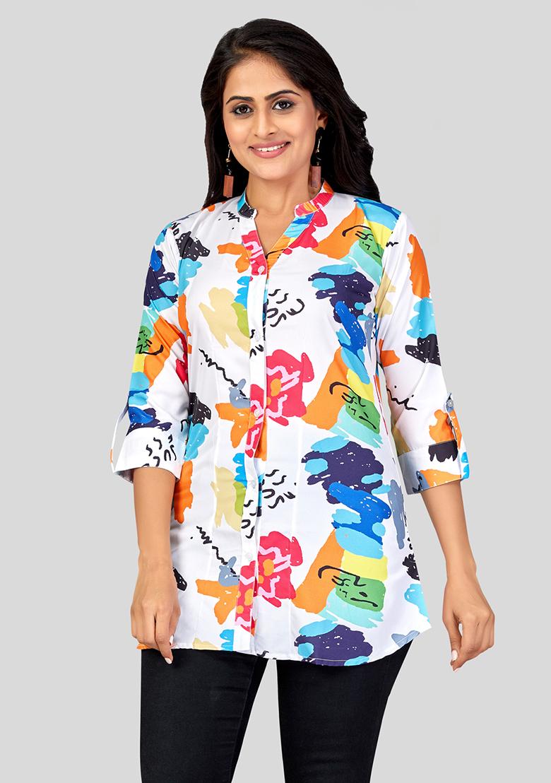 White Printed Crepe Kurti