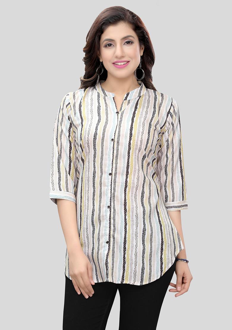 Cream Printed Crepe Kurti