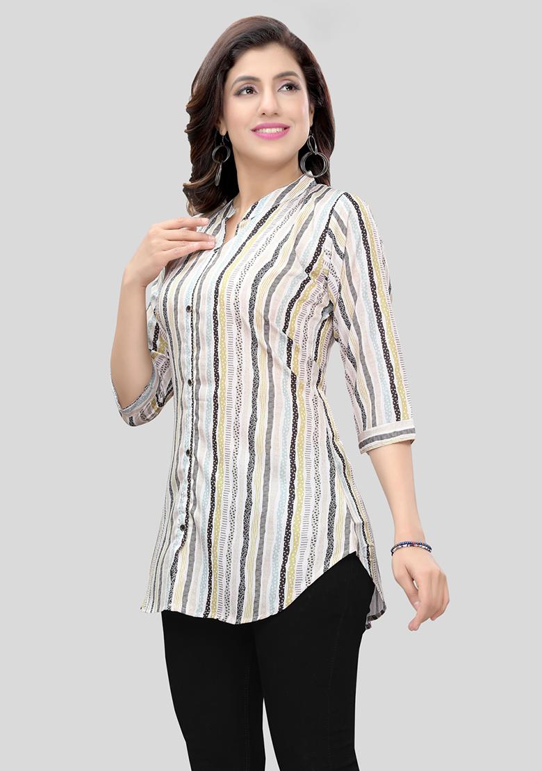 Cream Printed Crepe Kurti